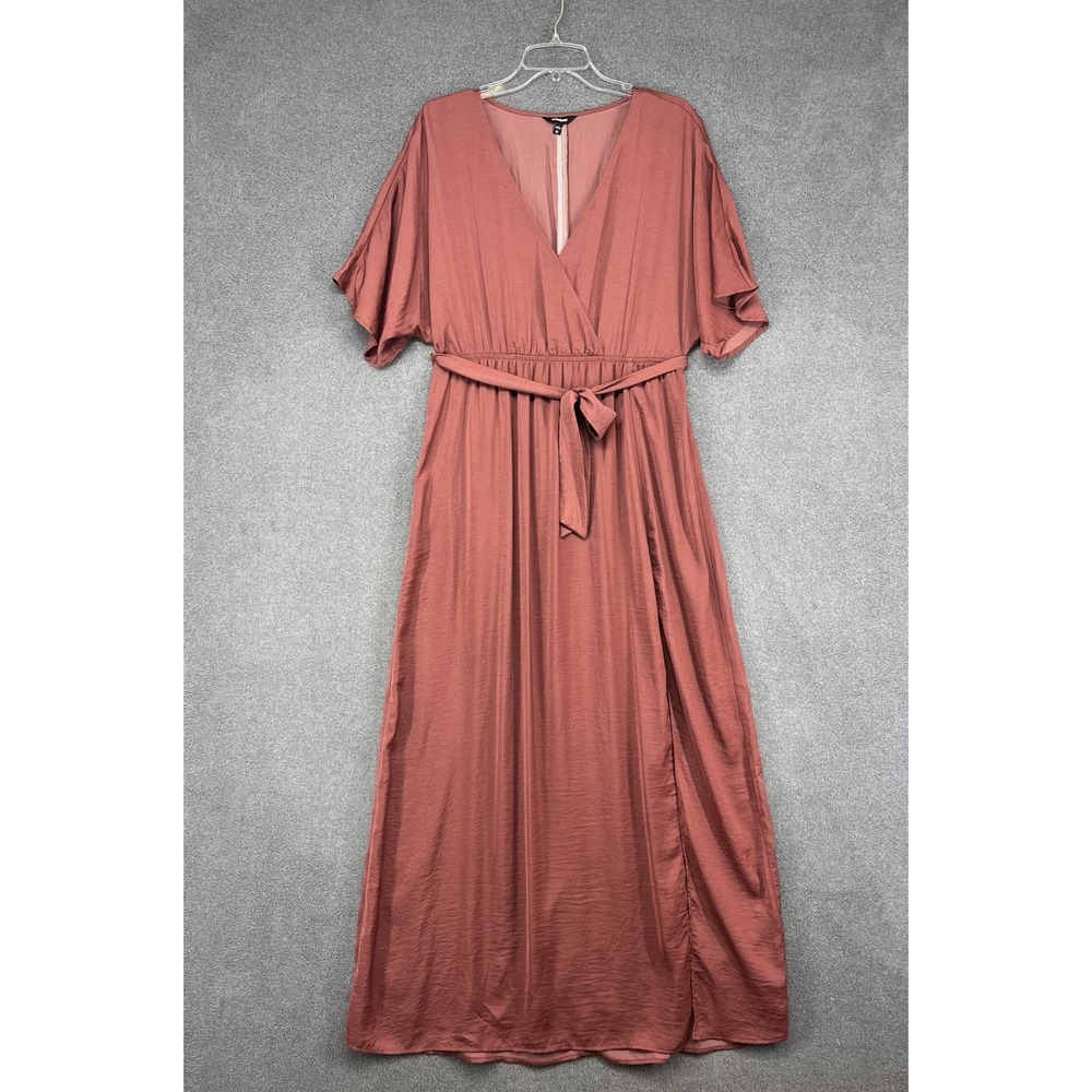 Express Maxi Dress Womens Medium Rose Pink Wrap V-Neck Belted Flutter Slit Boho